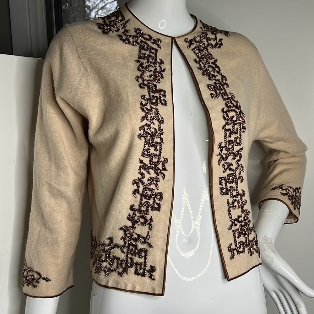 Eagle Sz S Beige Lambswool Brown Beaded Cardigan Sweater Silk Lined